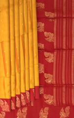 Orangish Yellow Kanchipuram Silk Saree with Annam Border & Small Bhuttas - Auspicious Charm