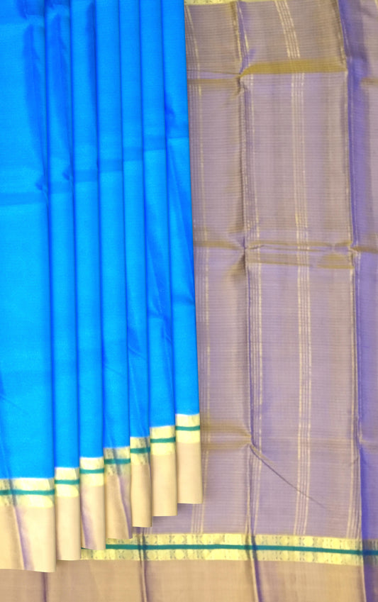 Blue and Mustard Kanchipuram Silk Saree with Single Side Border