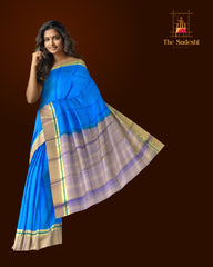Blue and Mustard Kanchipuram Silk Saree with Single Side Border