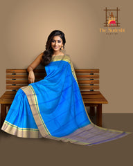 Blue and Mustard Kanchipuram Silk Saree with Single Side Border
