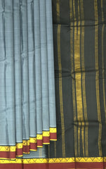 Steel Grey Kanchipuram Silk Saree with Maroon and Black Contrast Border
