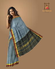 Steel Grey Kanchipuram Silk Saree with Maroon and Black Contrast Border