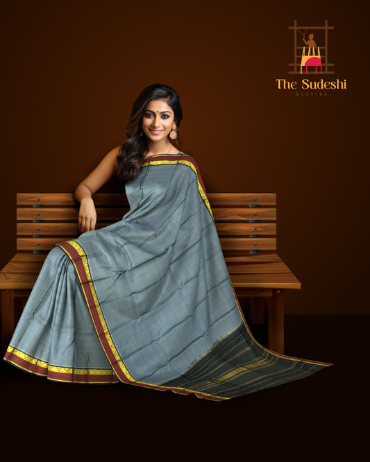Steel Grey Kanchipuram Silk Saree with Maroon and Black Contrast Border