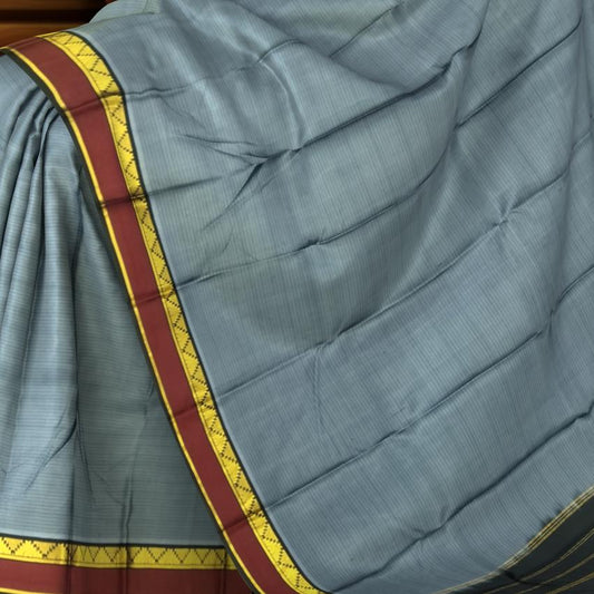 Steel Grey Kanchipuram Silk Saree with Maroon and Black Contrast Border