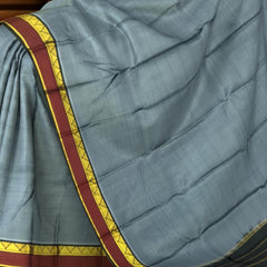 Steel Grey Kanchipuram Silk Saree with Maroon and Black Contrast Border