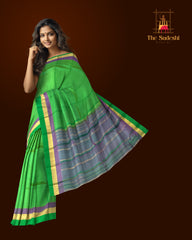 Light Green Kanchipuram Silk Saree with Lilac Contrast Border
