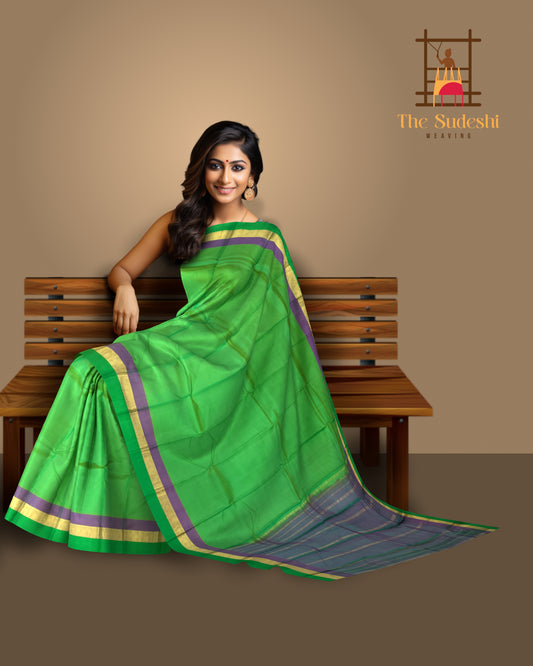 Light Green Kanchipuram Silk Saree with Lilac Contrast Border