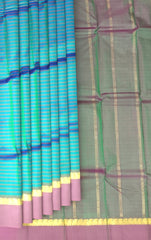 Dual-Tone Blue and Pink Kanchipuram Silk Saree with Dull Pink Border