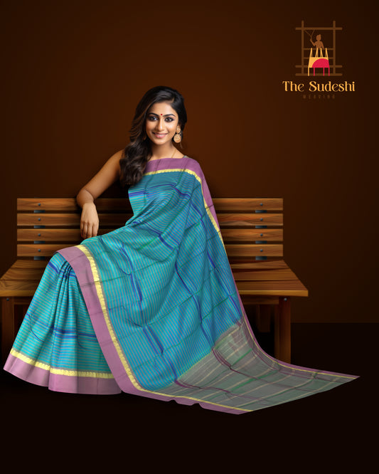 Dual-Tone Blue and Pink Kanchipuram Silk Saree with Dull Pink Border