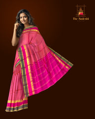 Peach Kanchipuram Silk Saree with Pink and Green Border