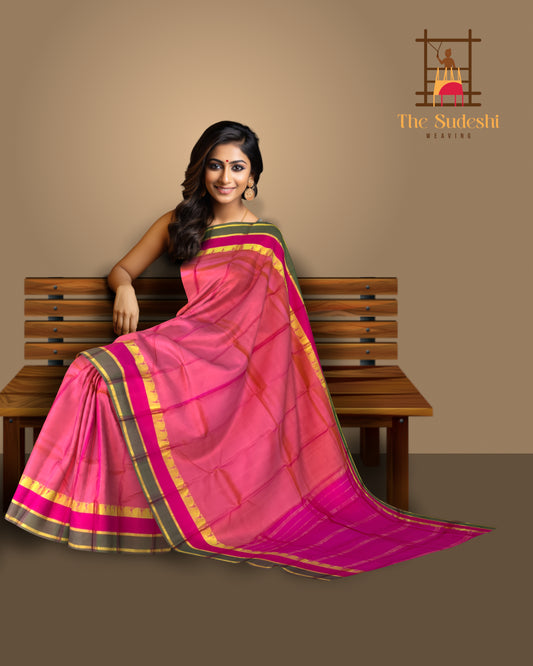 Peach Kanchipuram Silk Saree with Pink and Green Border