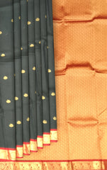 Black Kanchipuram Silk Saree with Red Border and Tear-Shaped Buttas
