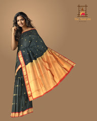 Black Kanchipuram Silk Saree with Red Border and Tear-Shaped Buttas