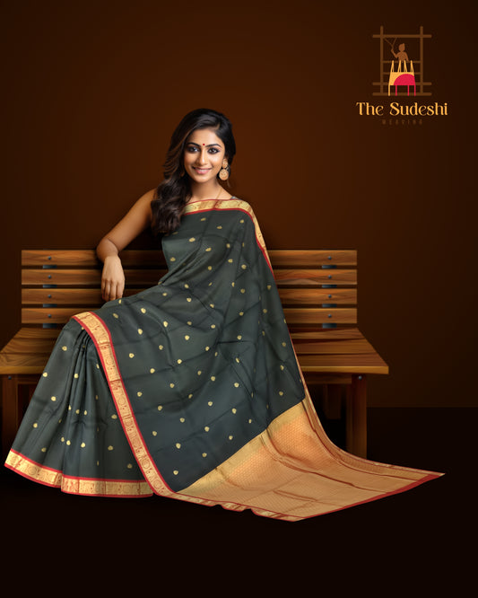Black Kanchipuram Silk Saree with Red Border and Tear-Shaped Buttas