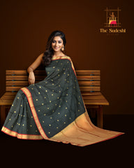 Black Kanchipuram Silk Saree with Red Border and Tear-Shaped Buttas