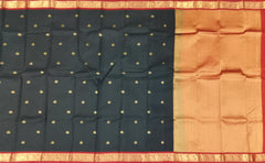 Black Kanchipuram Silk Saree with Red Border and Tear-Shaped Buttas