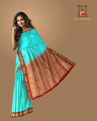 Sky Blue Kanchipuram Silk Saree with Maroon Border and Small Floral Buttas