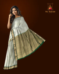 Steel Grey Kanchipuram Silk Saree with Green Border and Butta Design