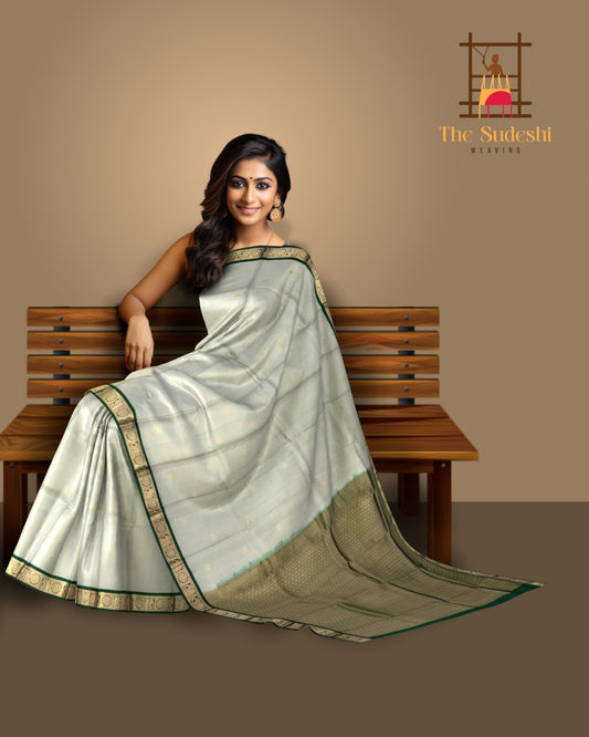 Steel Grey Kanchipuram Silk Saree with Green Border and Butta Design