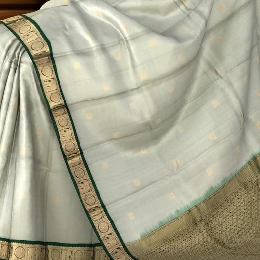Steel Grey Kanchipuram Silk Saree with Green Border and Butta Design