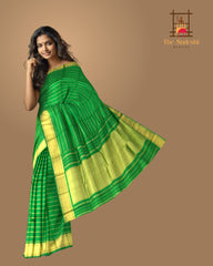 Green Kanchipuram Silk Saree with Self Border and Horizontal Veldhari Pattern