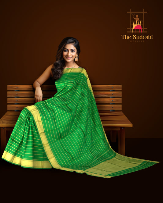 Green Kanchipuram Silk Saree with Self Border and Horizontal Veldhari Pattern