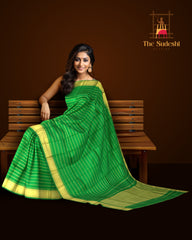 Green Kanchipuram Silk Saree with Self Border and Horizontal Veldhari Pattern