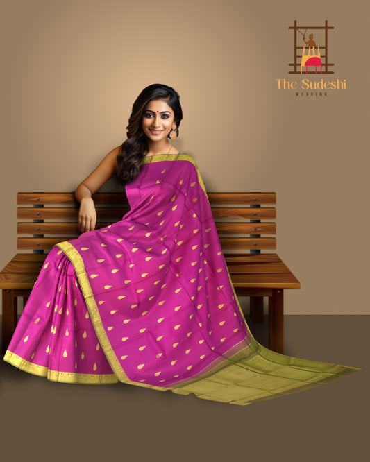 Magenta Kanchipuram Silk Saree with Sap Green Border and Tear-Shaped Buttas