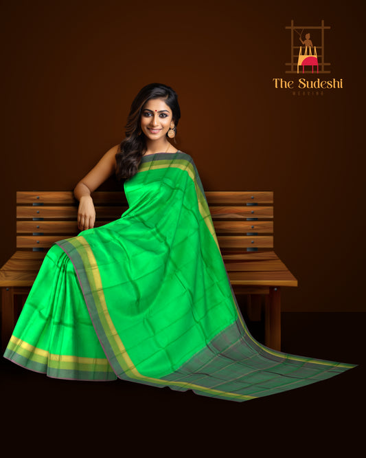 Light Green Kanchipuram Silk Saree with Pink and Green Dual-Tone Border