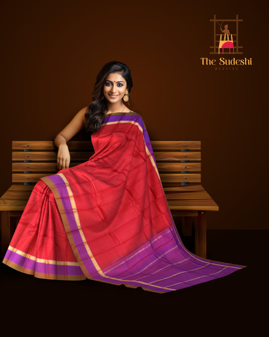 Brick Red Kanchipuram Silk Saree with Purple Border