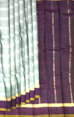 Steel Grey Kanchipuram Silk Saree with Plum and Olive Green Border