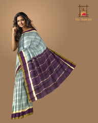 Steel Grey Kanchipuram Silk Saree with Plum and Olive Green Border