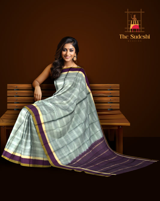 Steel Grey Kanchipuram Silk Saree with Plum and Olive Green Border