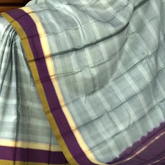 Steel Grey Kanchipuram Silk Saree with Plum and Olive Green Border
