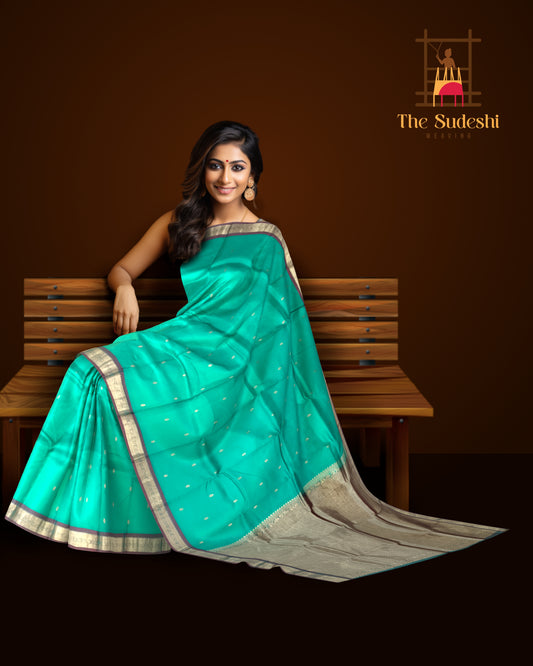 Sea Green Kanchipuram Silk Saree with Dull Maroon Border and Small Buttas