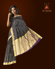 Black Kanchipuram Silk Saree with Purple Border and Small Buttas