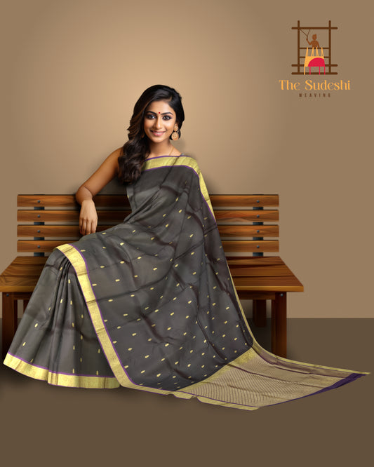 Black Kanchipuram Silk Saree with Purple Border and Small Buttas