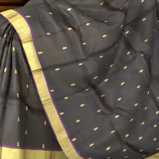Black Kanchipuram Silk Saree with Purple Border and Small Buttas