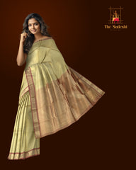 Half White Kanchipuram Silk Saree with Rust Orange Border and Small Buttas