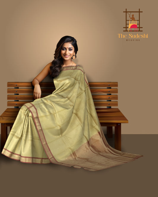 Half White Kanchipuram Silk Saree with Rust Orange Border and Small Buttas