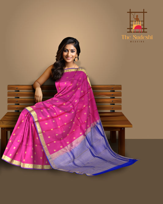 Bottle Green Kanchipuram Silk Saree with Gold Zari Border and Buttas