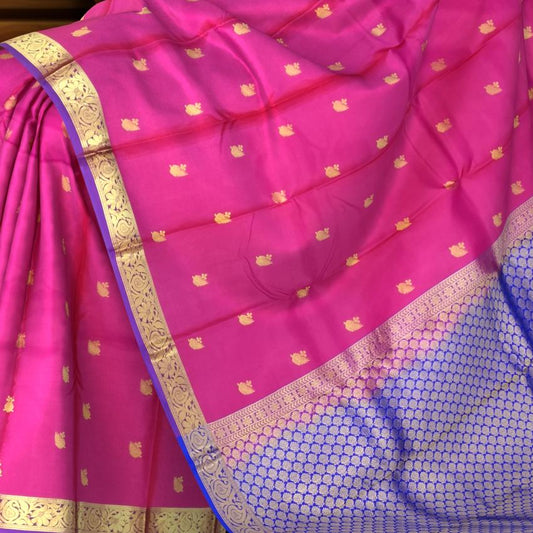 Bottle Green Kanchipuram Silk Saree with Gold Zari Border and Buttas