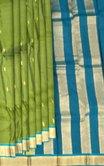 Powder Blue Kanchipuram Silk Saree with Coral Pink Border and Floral Zari Motifs