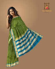 Powder Blue Kanchipuram Silk Saree with Coral Pink Border and Floral Zari Motifs