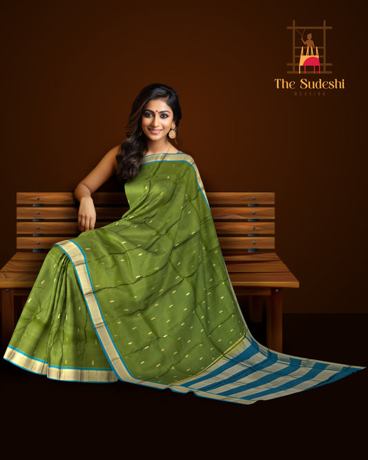 Powder Blue Kanchipuram Silk Saree with Coral Pink Border and Floral Zari Motifs