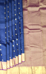 Ivory Kanchipuram Silk Saree with Violet Border and Silver Zari Work