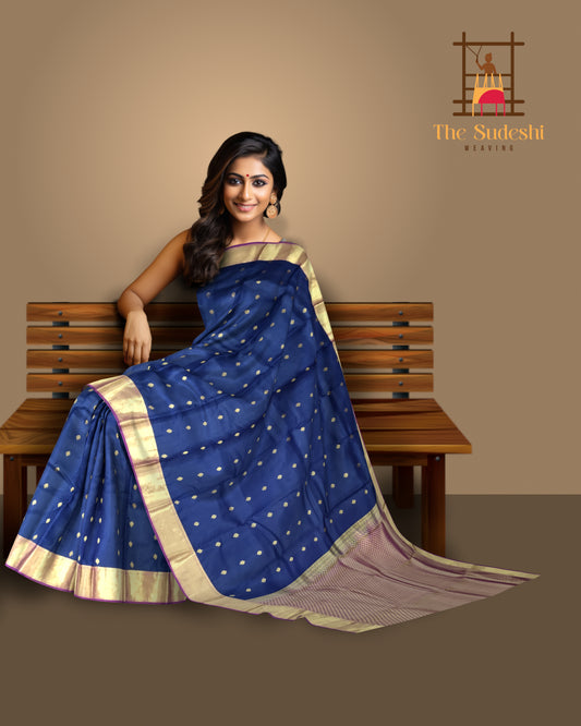 Ivory Kanchipuram Silk Saree with Violet Border and Silver Zari Work
