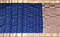 Ivory Kanchipuram Silk Saree with Violet Border and Silver Zari Work