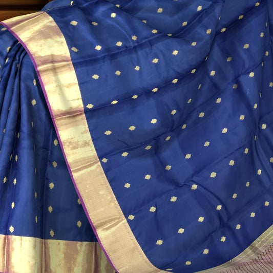 Ivory Kanchipuram Silk Saree with Violet Border and Silver Zari Work