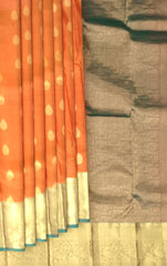 Rust Orange Kanchipuram Silk Saree with Dual Tone Gold Zari Border and Buttas
